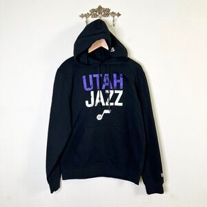 Utah Jazz Hoodie New Era Pullover Mens Size M Black Distressed Logo Fleece New